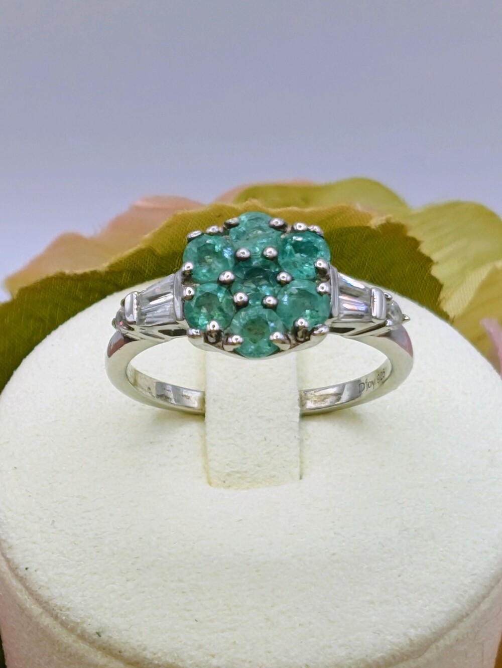 Ethiopian Emerald-Cambodian Zircon Floral Cluster Ring -925 Sterling Silver